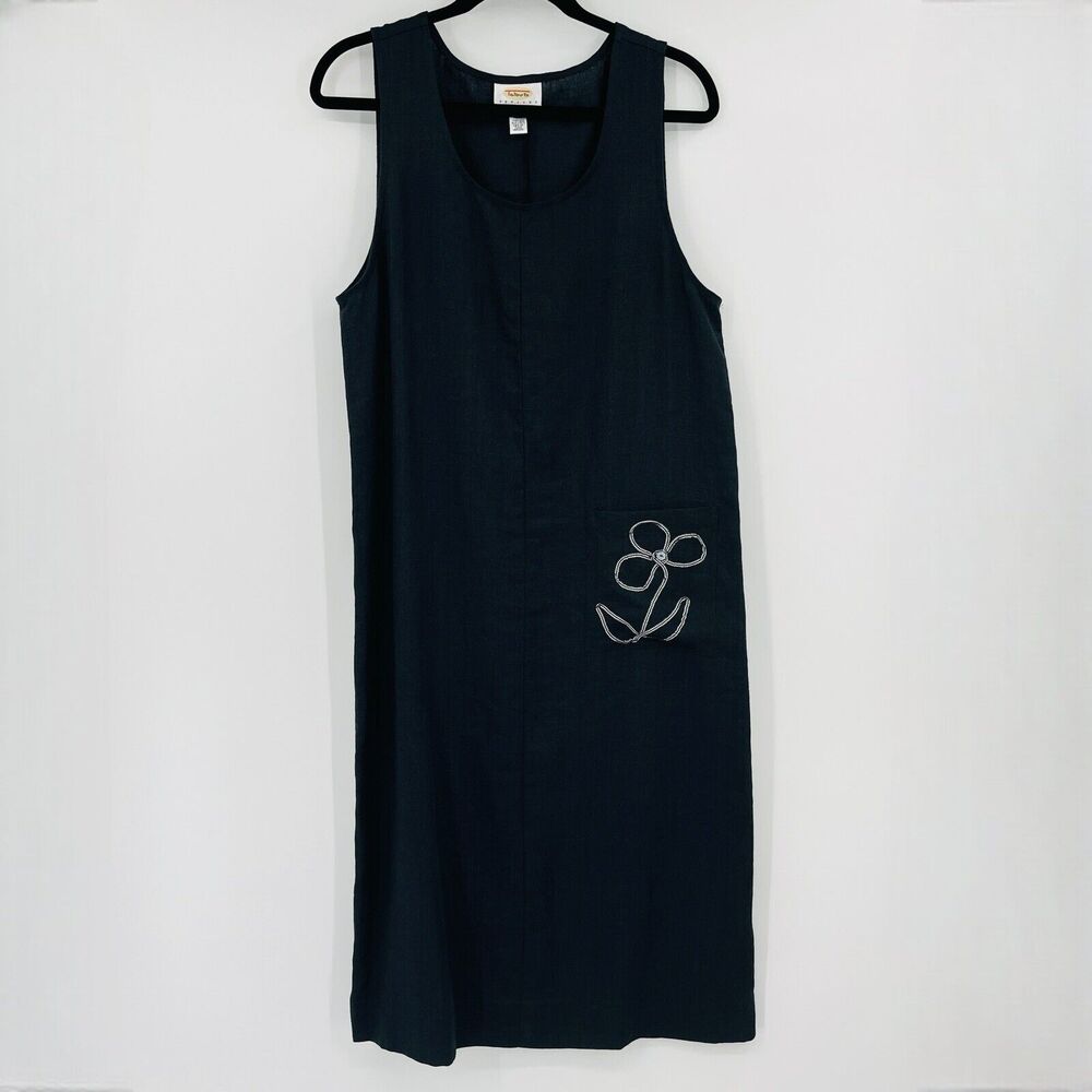 Talbots Womens Dress Black Size Small Petite Linen Sleeveless Pocket Flower Midi